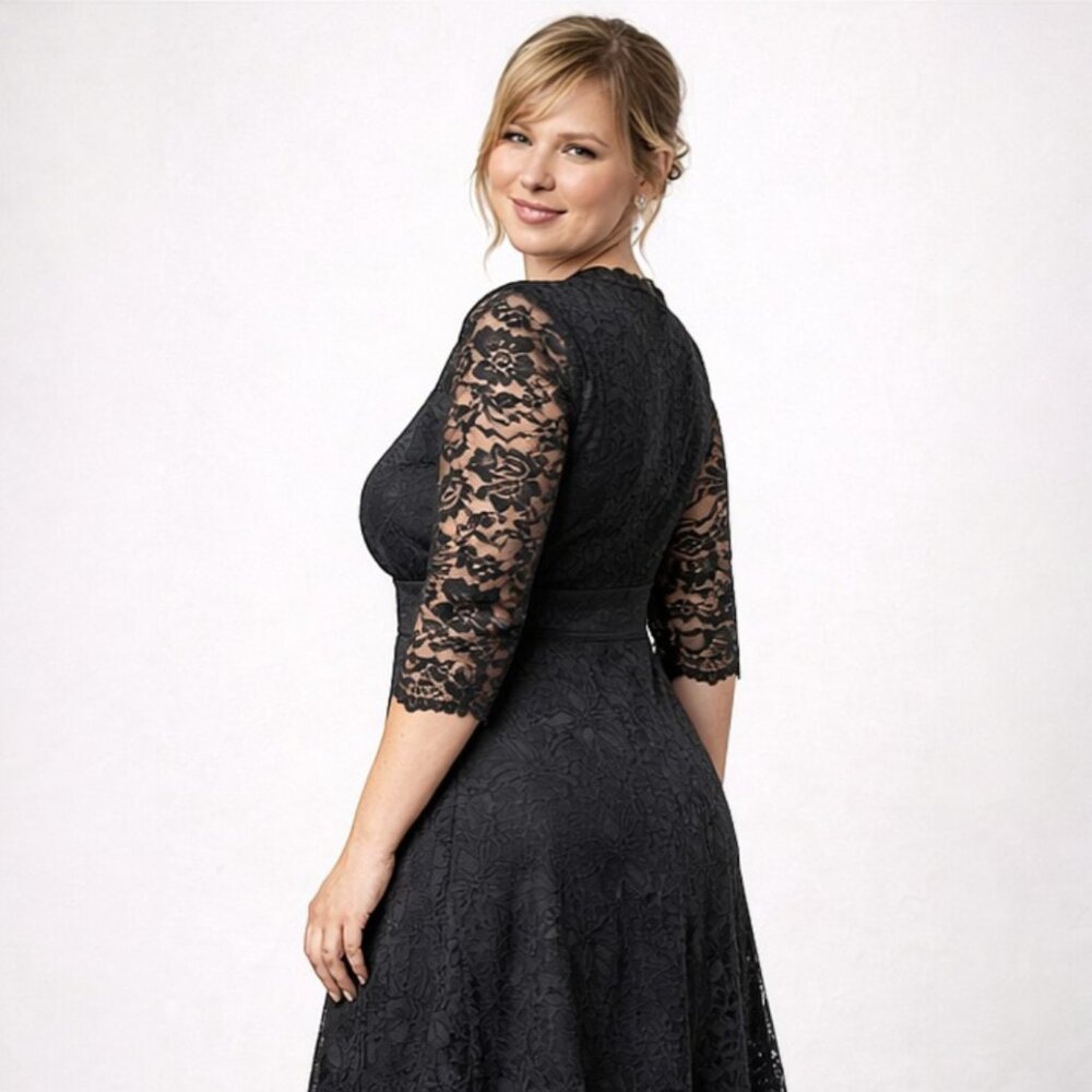Women's Flattering Plus Size 4XL Black Lace Midi Dress 3/4 Sleeve - Picture 4 of 8